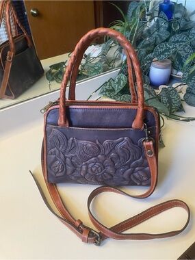 Patricia Nash Floral Embossed Leather Satchel Purse - Brown and Dark Brown